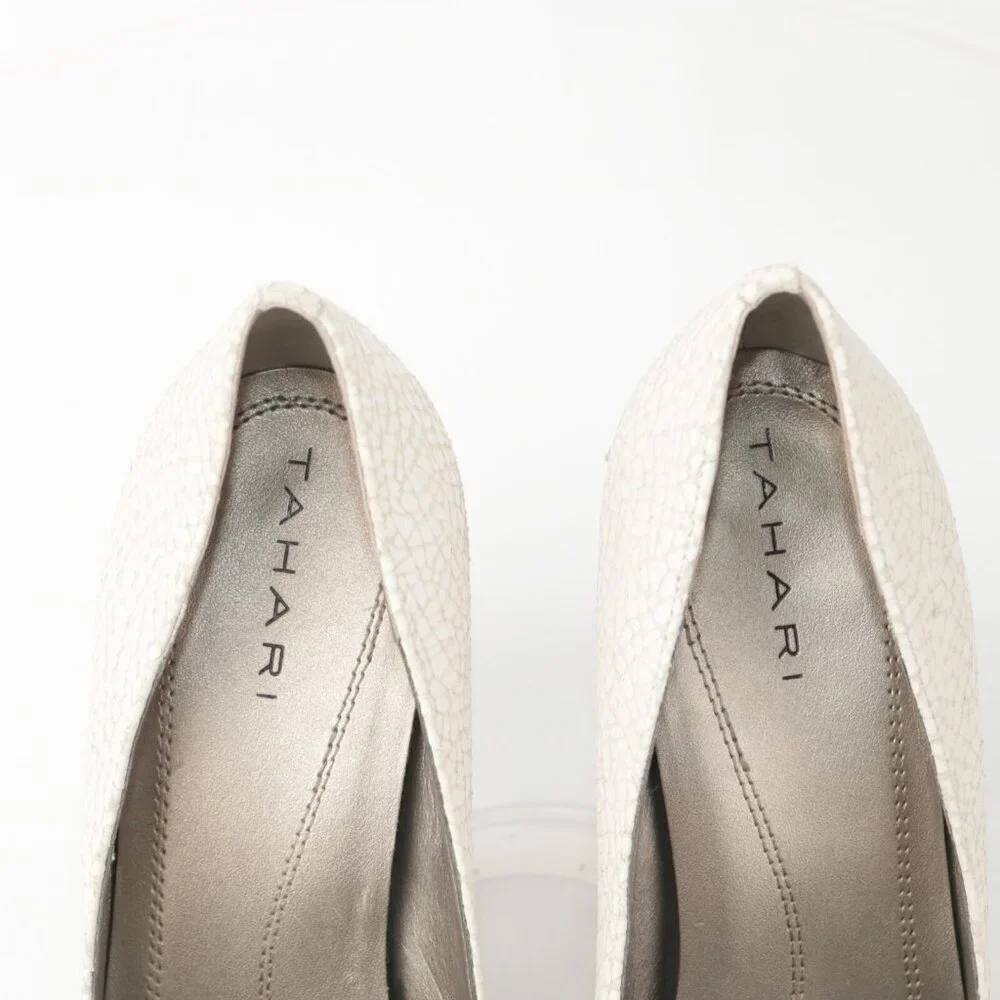 Tahari‎ Womens Naila Pump Size 7 Crackle White Leather Pointed Heels Dress Shoe